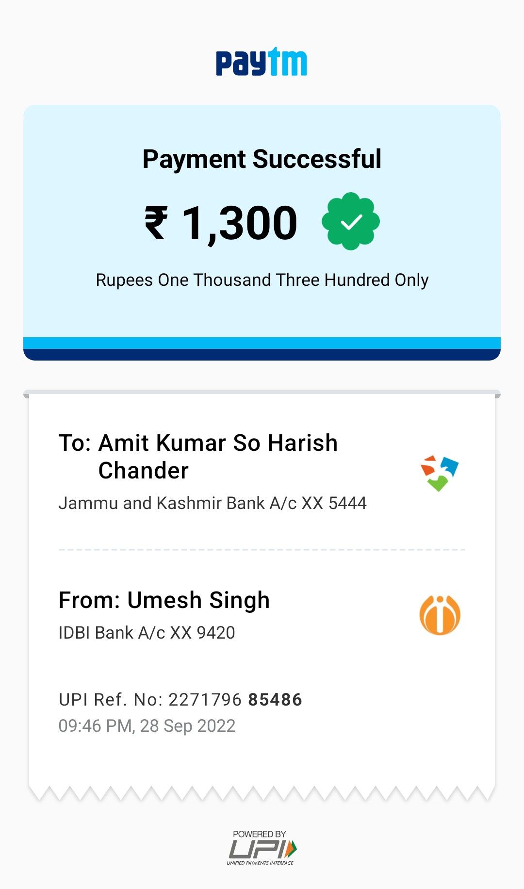 UPI payment receipt of ₹1,300 for Client project payment