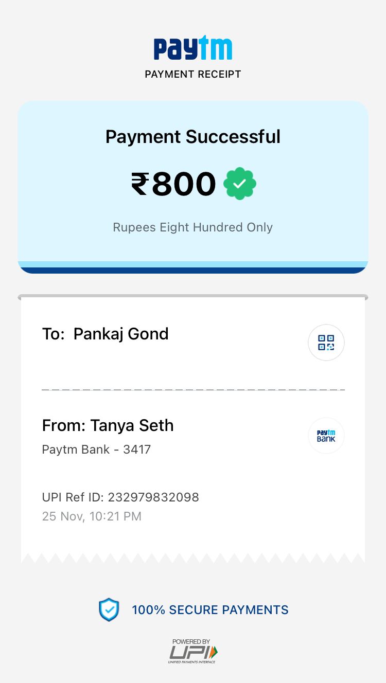 UPI payment receipt of ₹800 for Reel editing gig