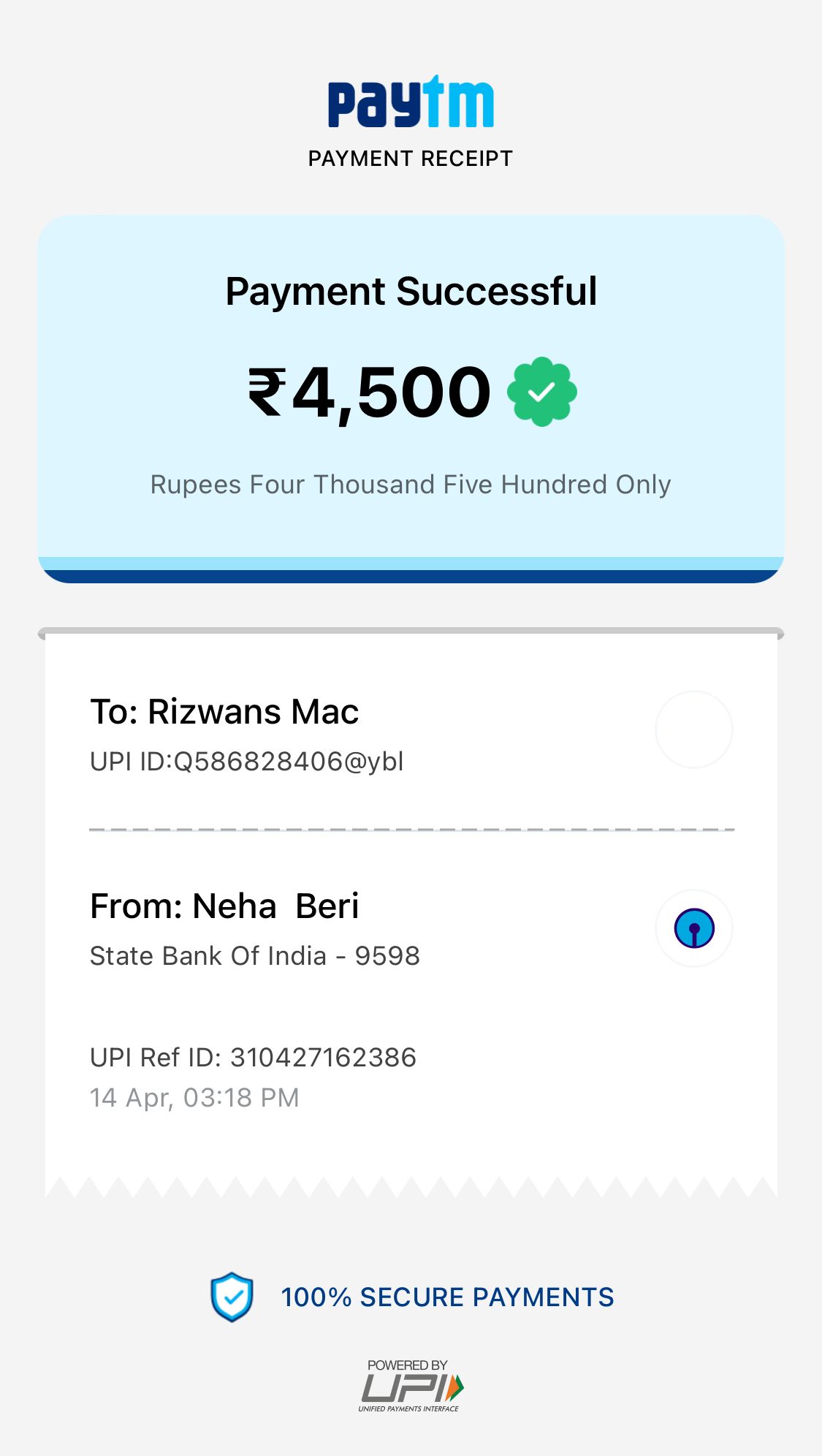 UPI payment receipt of ₹4,500 for Product ad video package
